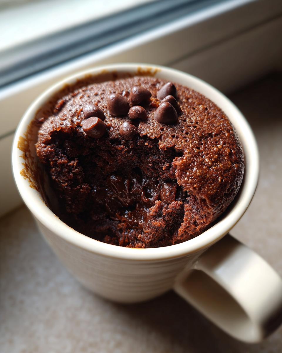 Close-up of a moist chocolate mug cake with a bite taken out, topped with chocolate chips.