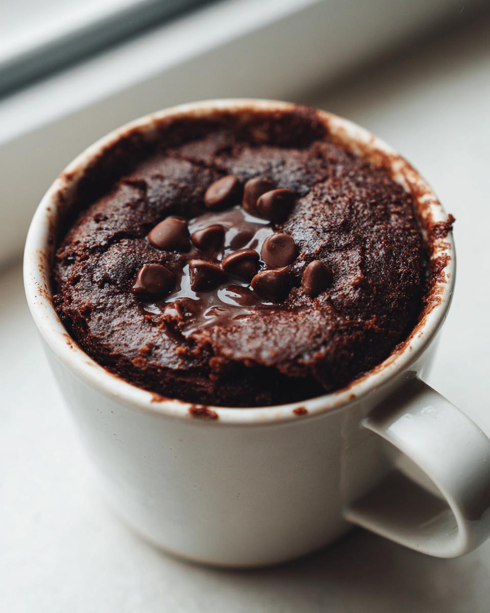 Close-up of a rich, dark chocolate mug cake topped with melted chocolate chips, ready to eat.