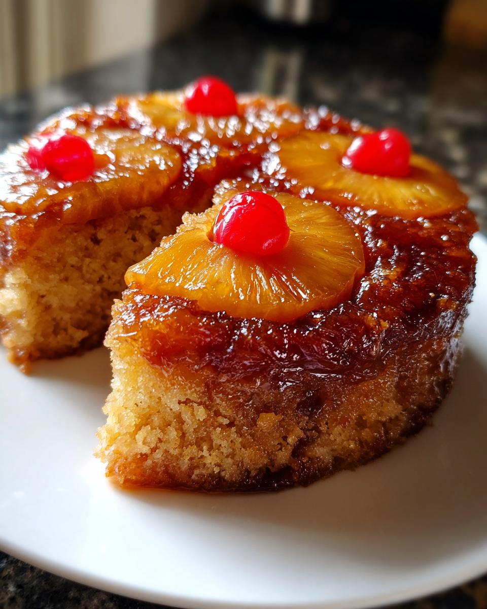 A slice removed from a moist pineapple upside down cake topped with caramelized pineapple rings and bright red maraschino cherries.
