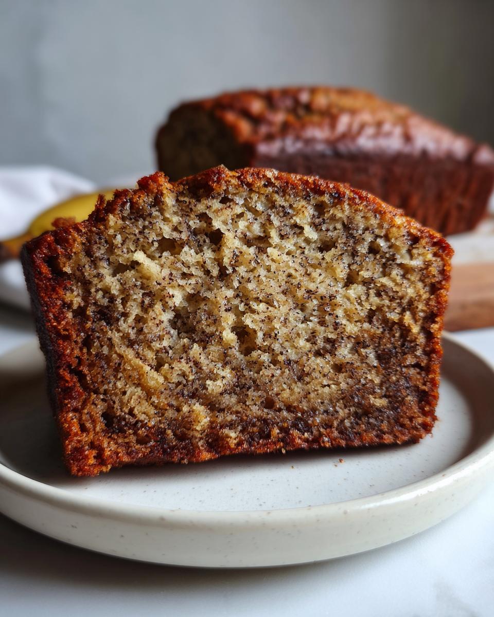 Close-up of a moist slice of sugar free banana bread showing the speckled crumb texture, with the rest of the loaf in the background.