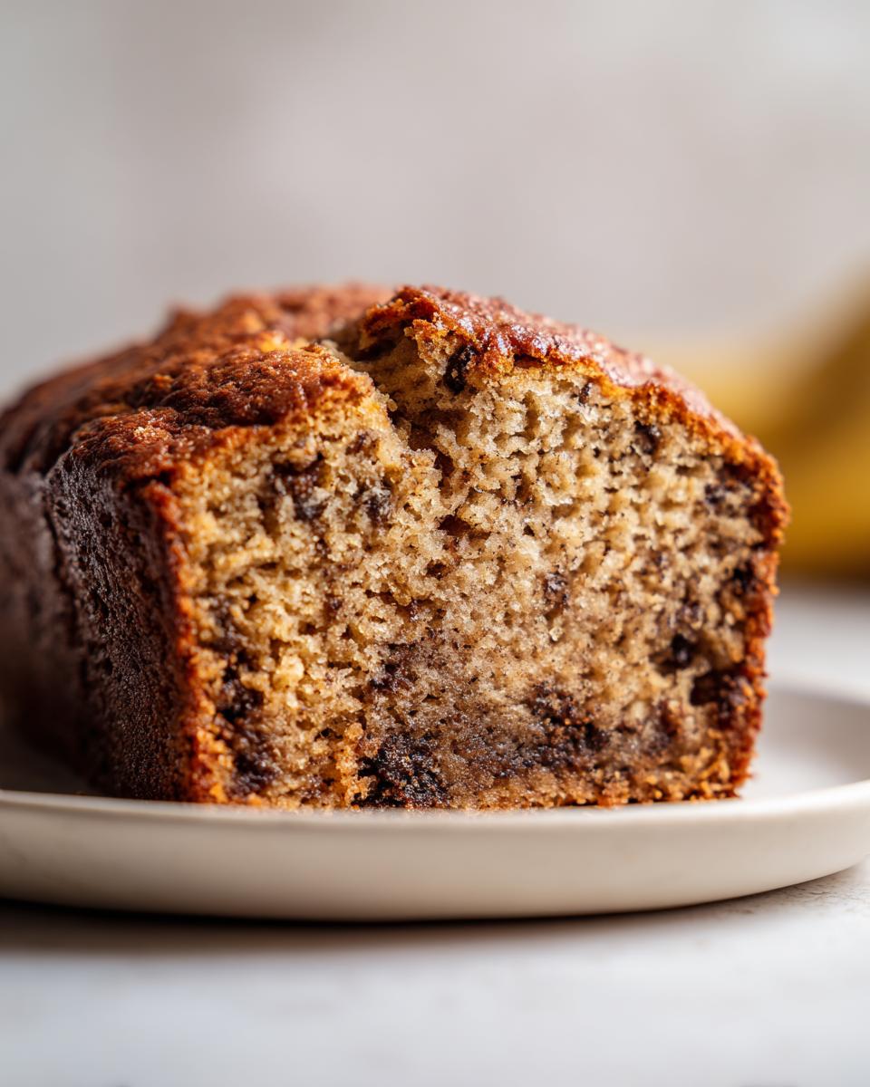 A close-up cross-section of a moist sugar free banana bread loaf, showing a rich crumb and chocolate swirls.