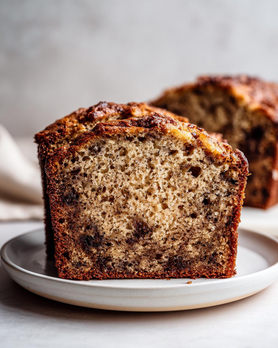 Close-up of a thick slice of sugar free banana bread showing moist crumb and chocolate swirls on a small white plate.