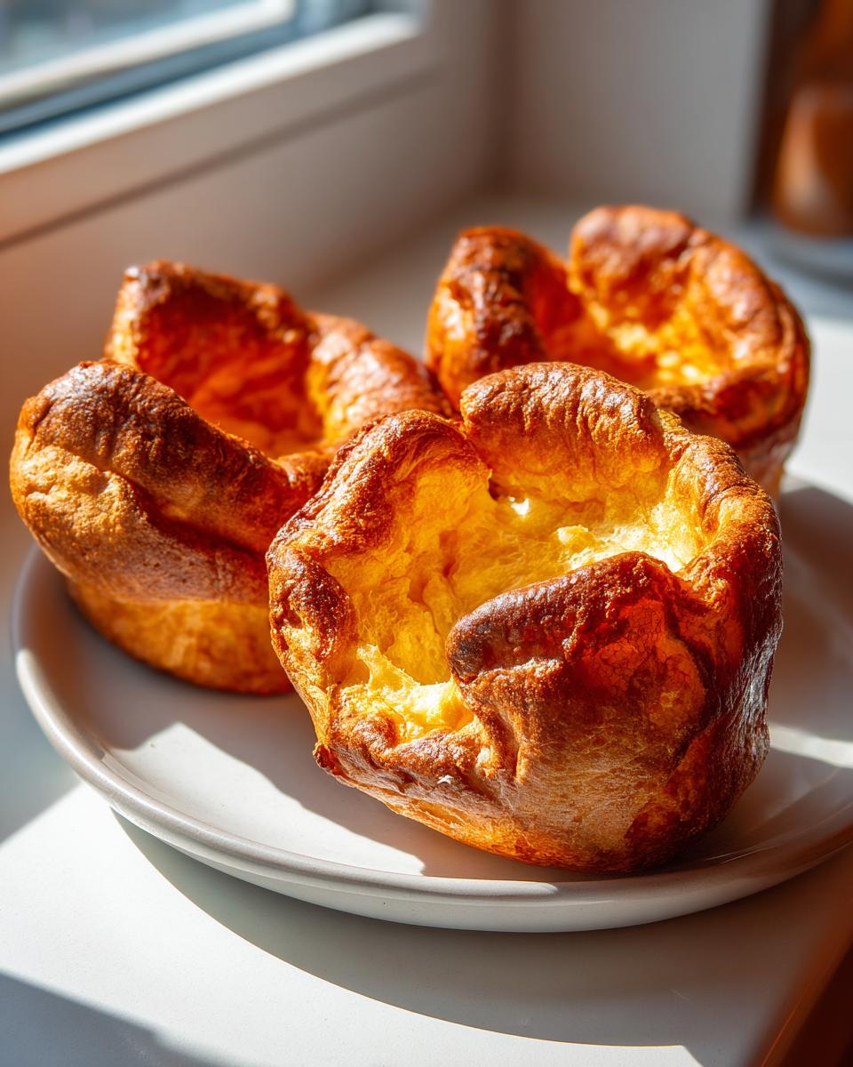 Three golden brown, puffed-up yorkshire pudding resting on a white plate, lit by bright sunlight.