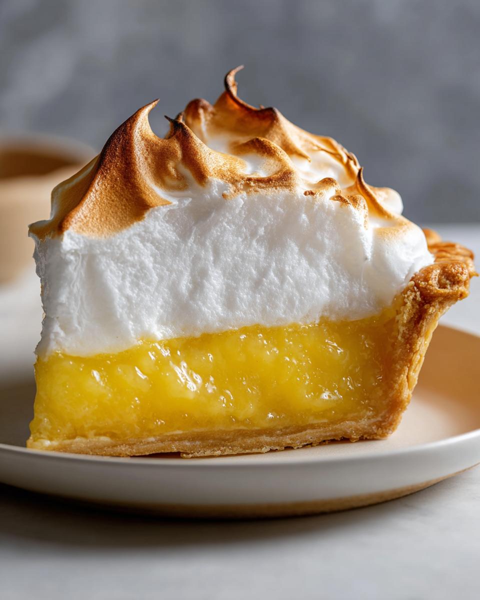 A tall, perfect slice of lemon meringue pie showing a thick layer of bright yellow curd and a fluffy, beautifully torched meringue topping.