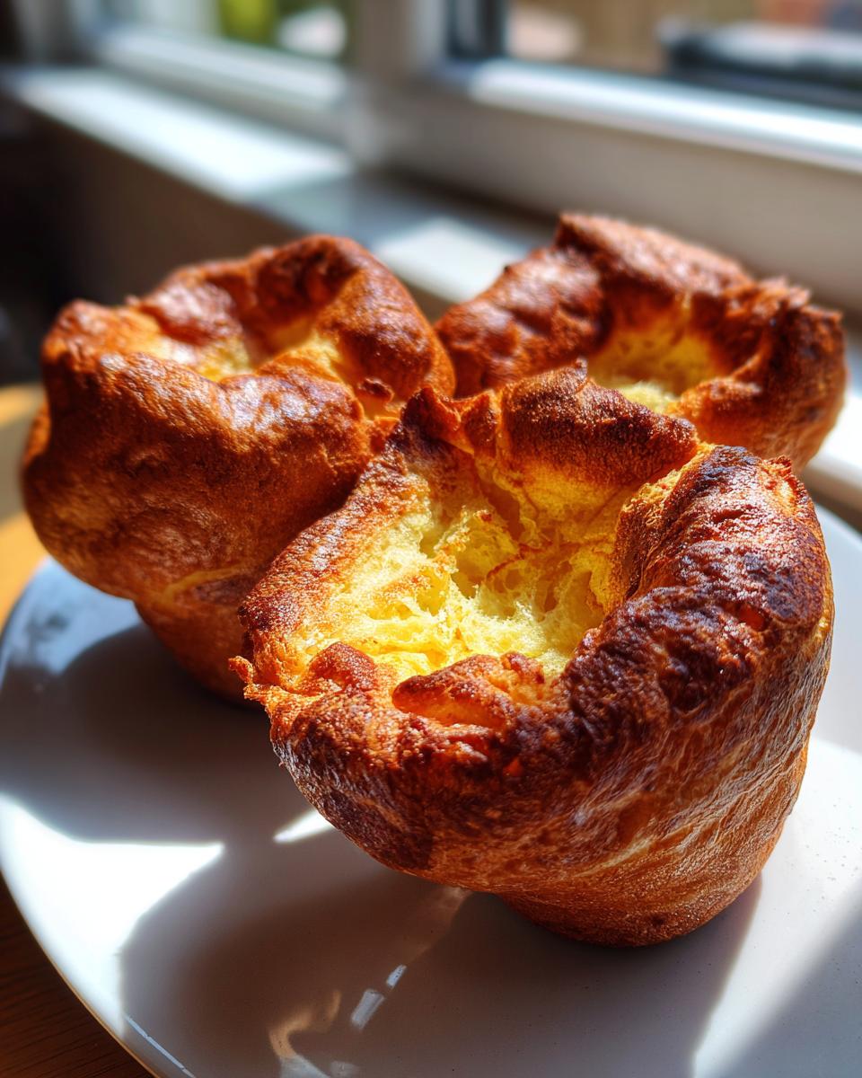 Three golden brown, perfectly risen yorkshire pudding cups sitting on a white plate near a sunny window.