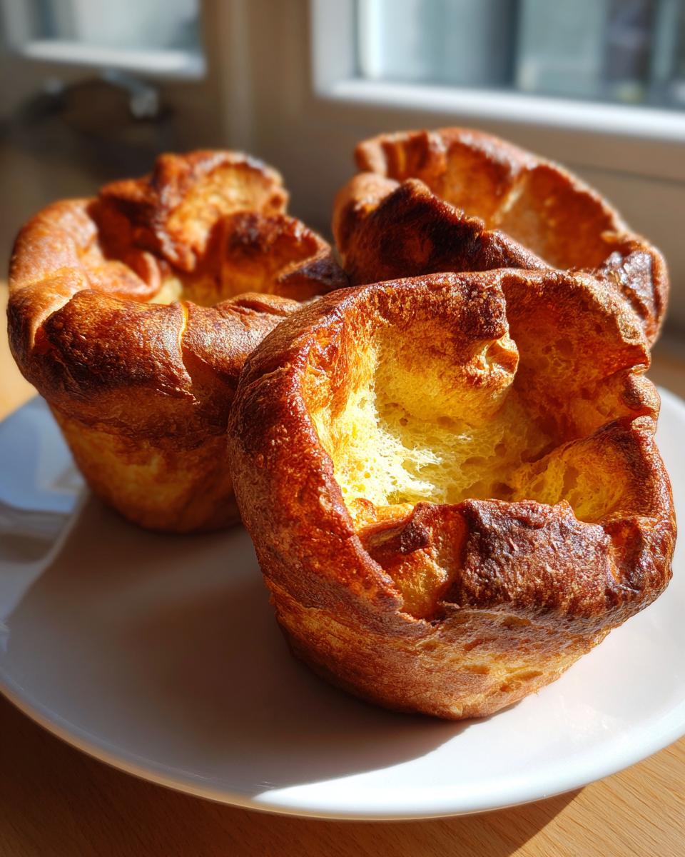 Three golden brown, perfectly risen yorkshire pudding cups sitting on a white plate, showing their hollow centers.