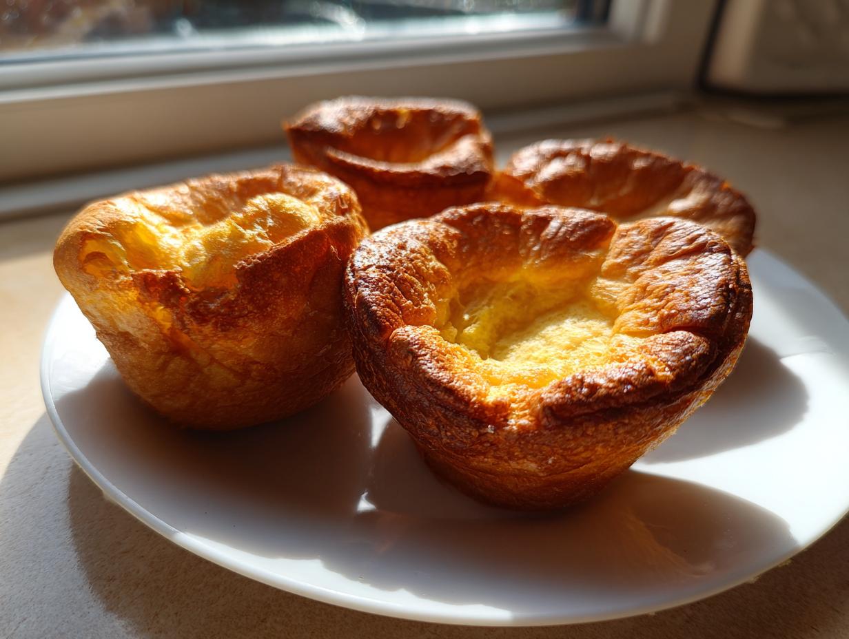 Four golden brown, perfectly risen yorkshire pudding resting on a white plate near a sunlit window.