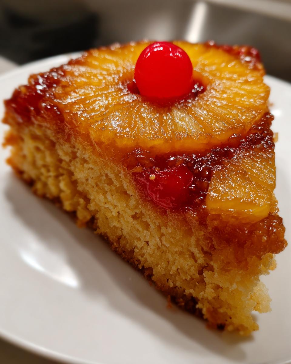 A close-up of a moist slice of pineapple upside down cake topped with caramelized pineapple and a maraschino cherry.
