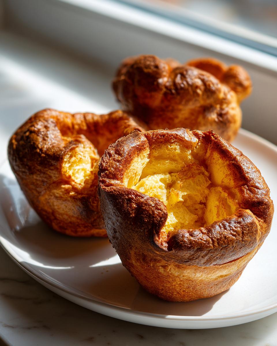Three golden-brown, tall, and airy yorkshire pudding items sitting on a white plate near a window.