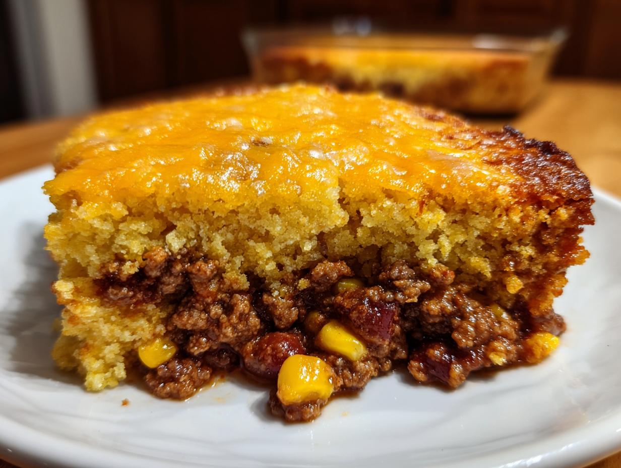 Close-up of a scoop of cowboy cornbread casserole showing the seasoned ground beef filling and melted cheddar cheese topping.