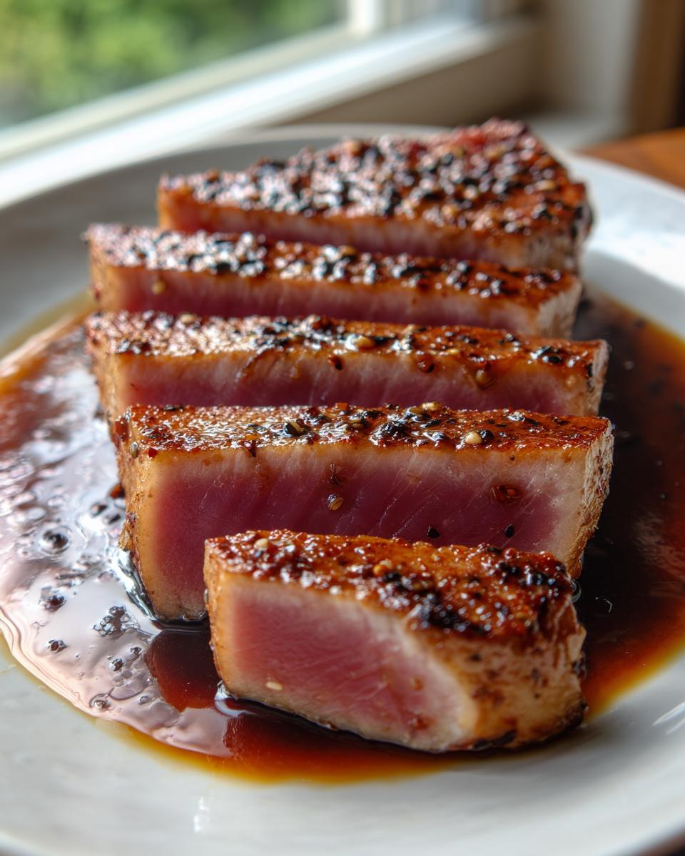Five thick slices of seared tuna steak, crusted with sesame seeds, resting in a pool of dark marinade for tuna steak.