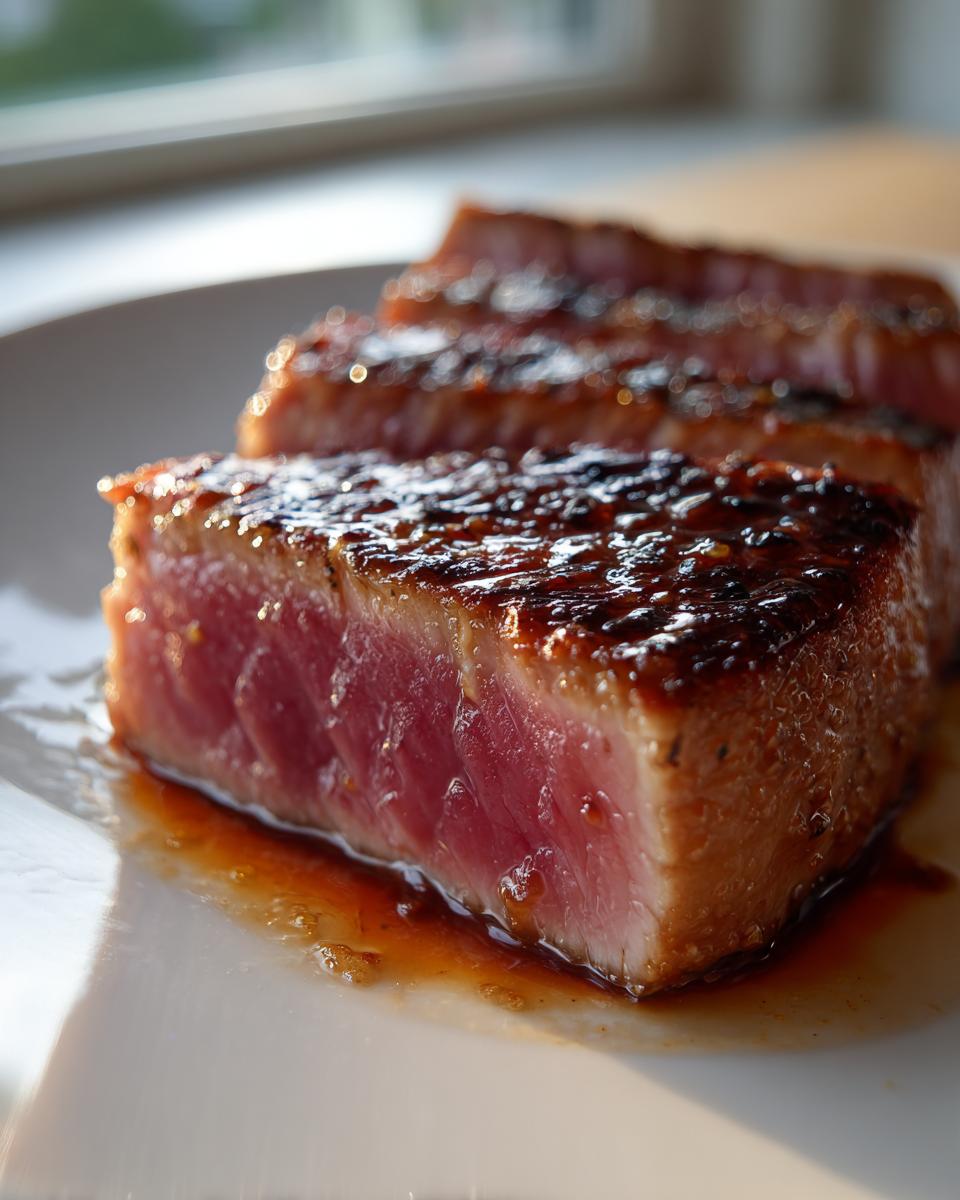 Close-up of a perfectly seared, rare tuna steak resting in its marinade juices on a white plate.