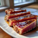 Slices of perfectly seared tuna steak coated in a sesame seed crust, showing a bright pink interior, ideal for a MARINADE FOR TUNA STEAK.