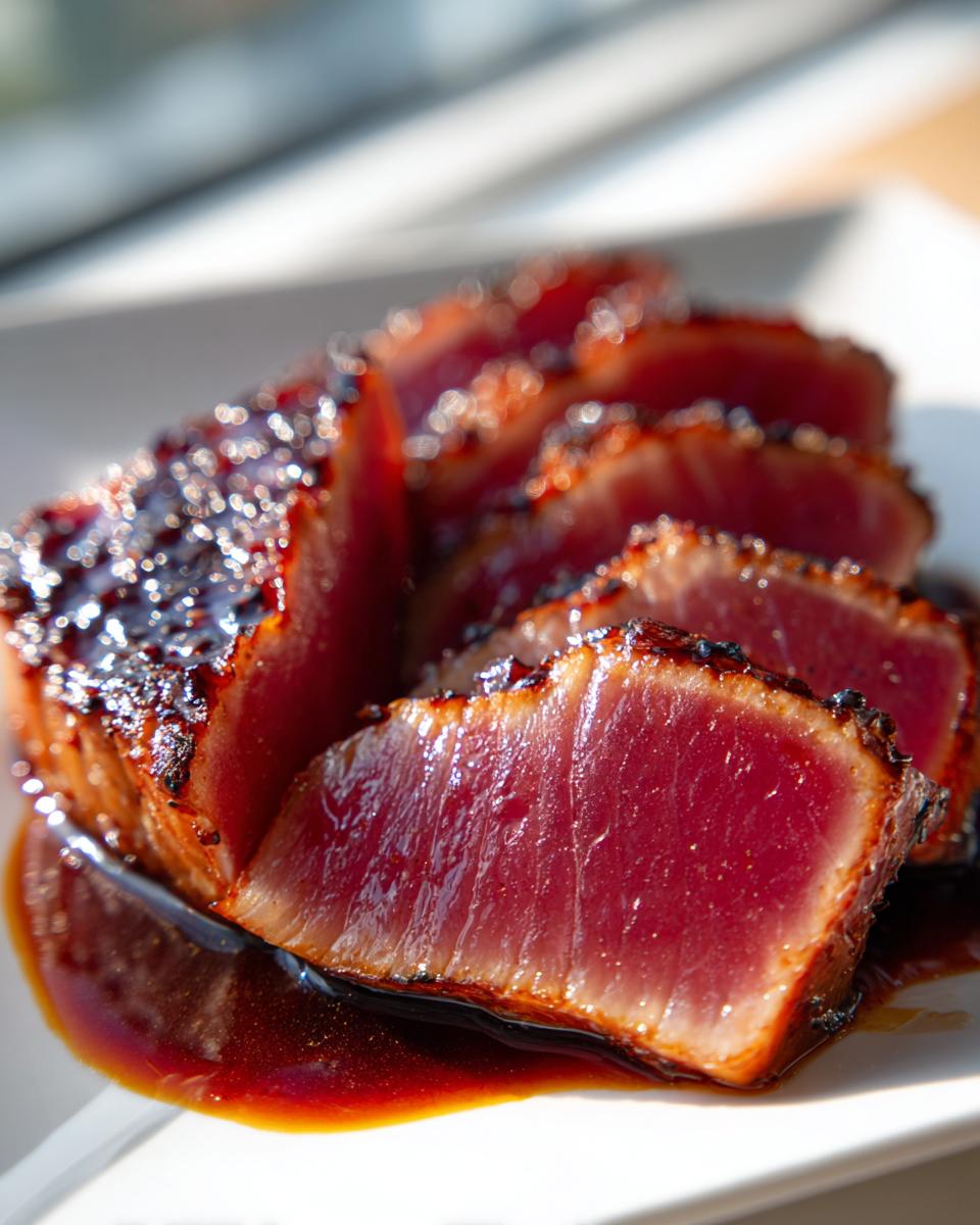Close-up of perfectly seared tuna steak, sliced to show the rare red center, coated in a dark MARINADE FOR TUNA STEAK glaze.