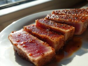 Four thick slices of seared tuna steak, showing a rare center and coated in a glistening, seeded MARINADE FOR TUNA STEAK.