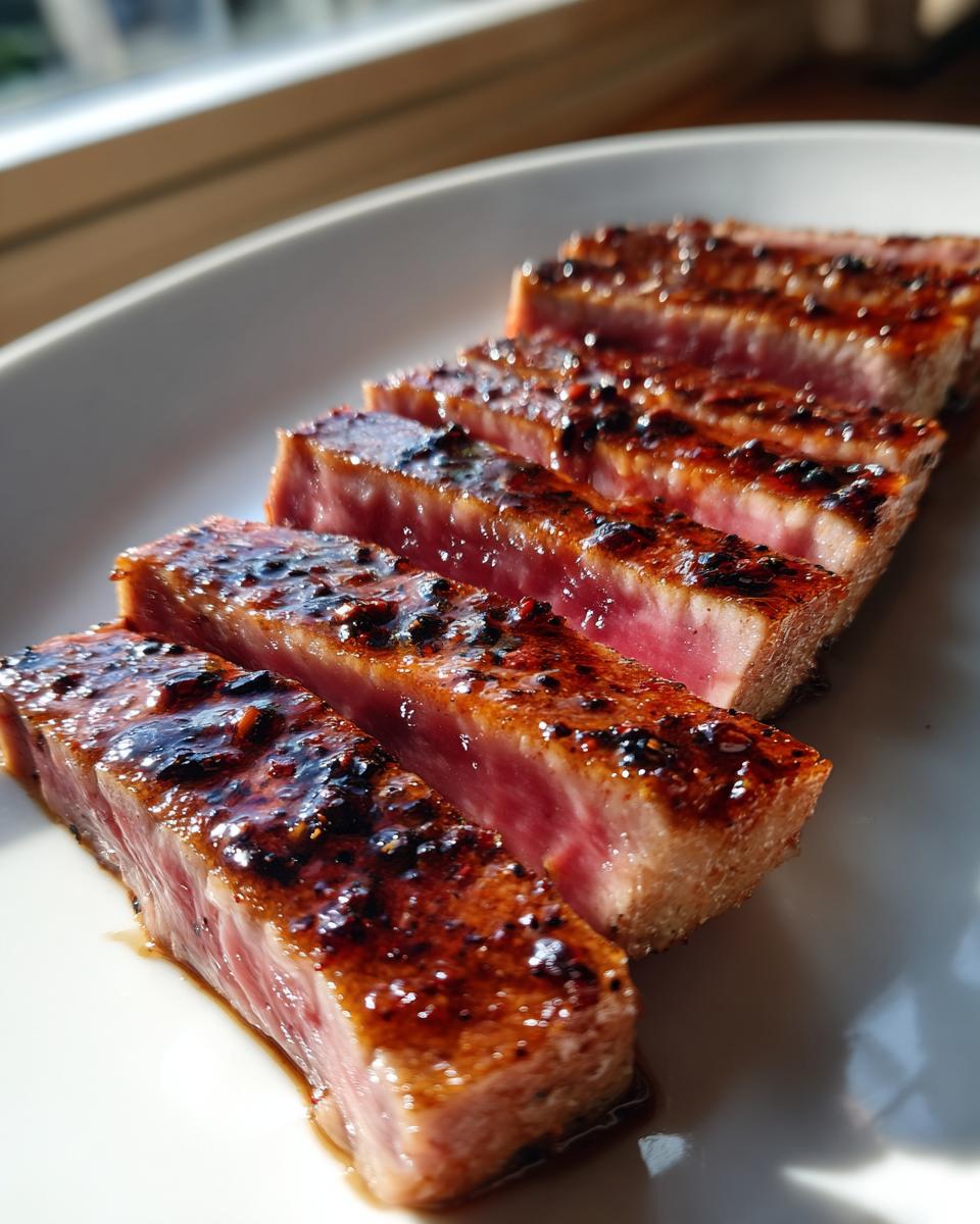 Close-up of perfectly seared and sliced tuna steaks, showing a rare red center and a glazed exterior from the MARINADE FOR TUNA STEAK.