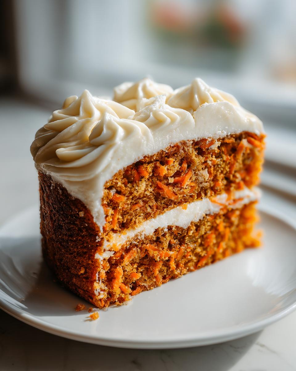A close-up of a moist slice of carrot cake recipe layered with cream cheese frosting, sitting on a white plate.