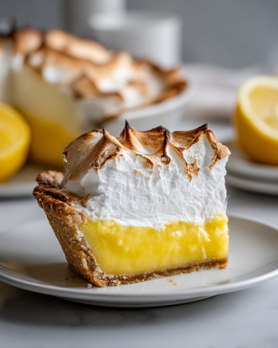 Close-up of a thick slice of lemon meringue pie showing bright yellow filling and perfectly toasted meringue peaks.