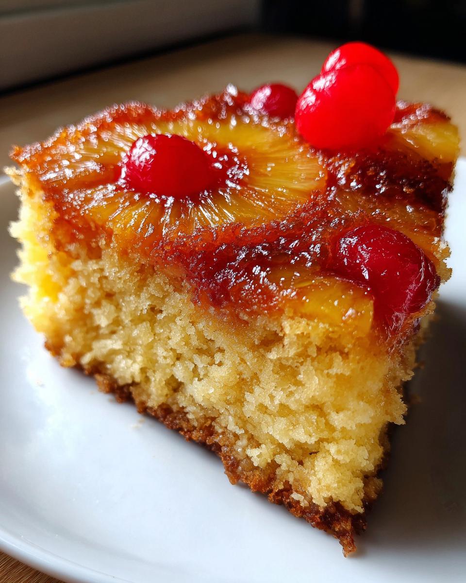 Close-up of a moist slice of pineapple upside down cake topped with caramelized pineapple rings and bright red maraschino cherries.