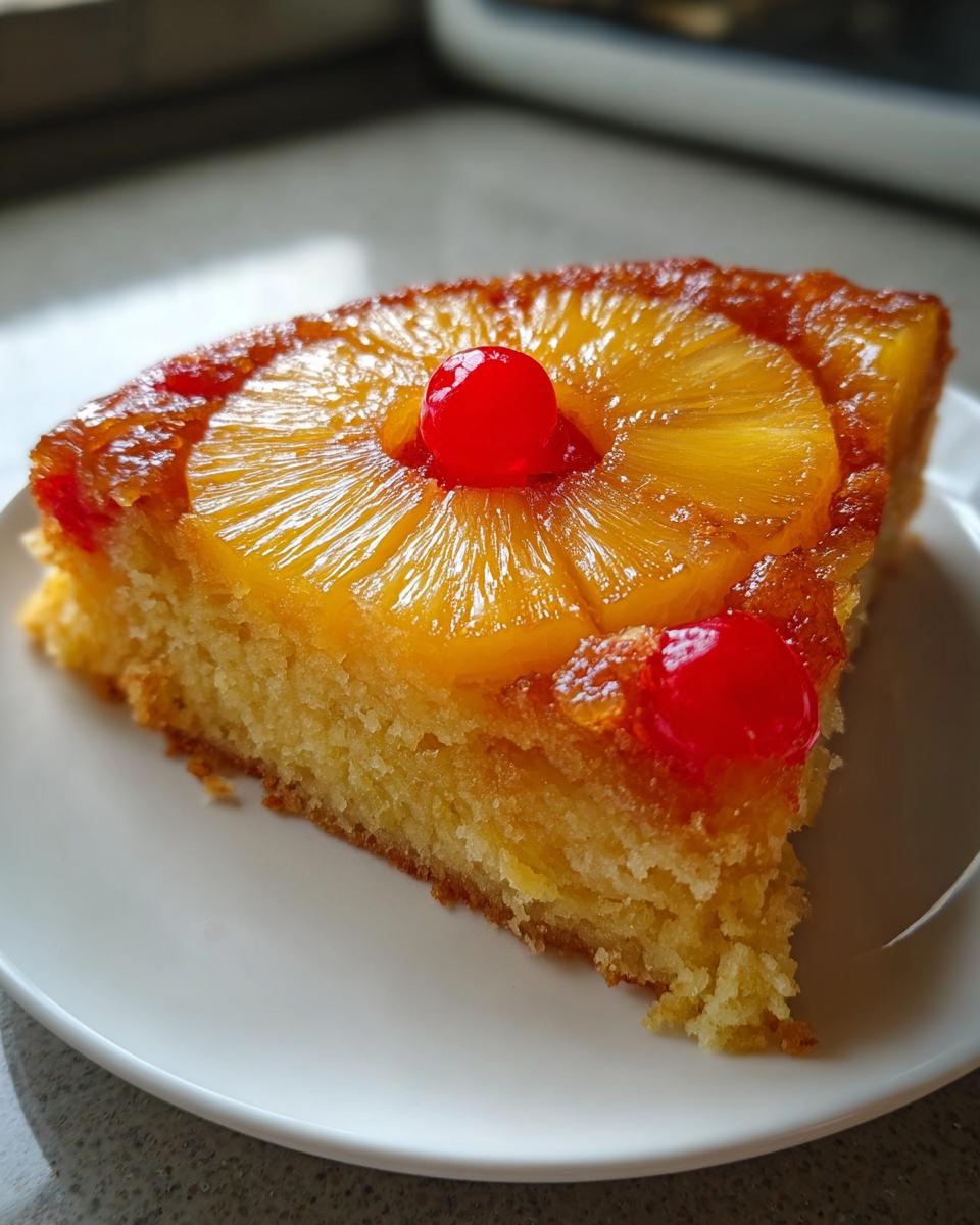 A close-up of a moist slice of pineapple upside down cake topped with caramelized pineapple and maraschino cherries.