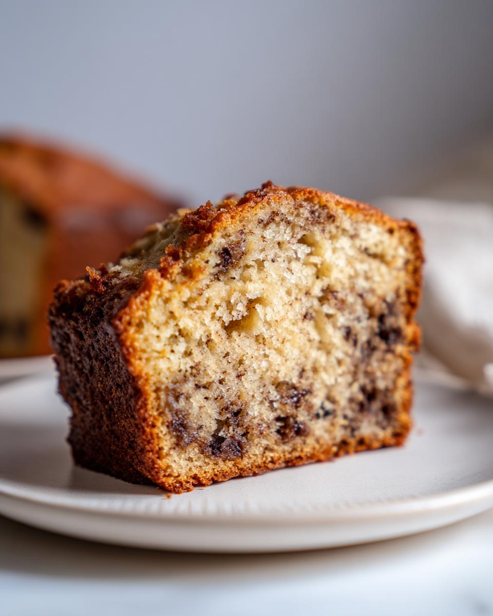 Close-up of a moist slice of sugar free banana bread studded with chocolate chips on a light plate.