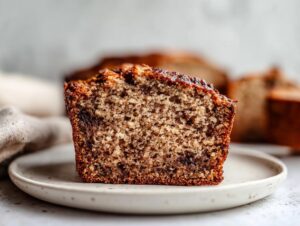 Close-up of a moist slice of sugar free banana bread showing the tender crumb texture on a speckled plate.