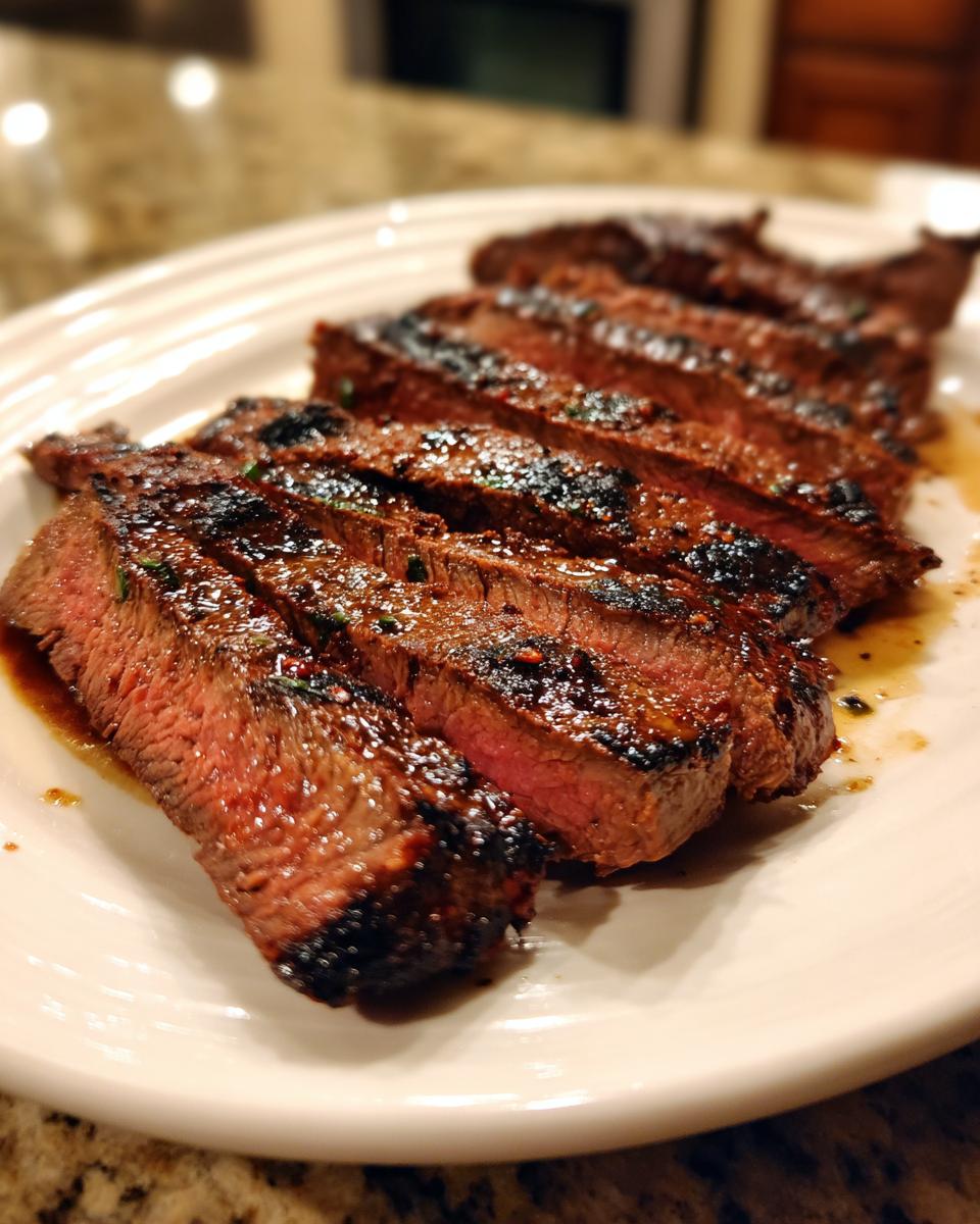 Slices of medium-rare grilled steak, juicy from the Carne asada marinade, resting on a white platter.