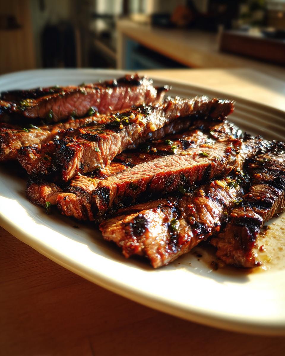 Close-up of sliced, grilled steak showing a medium-rare center, coated in herbs from the carne asada marinade.