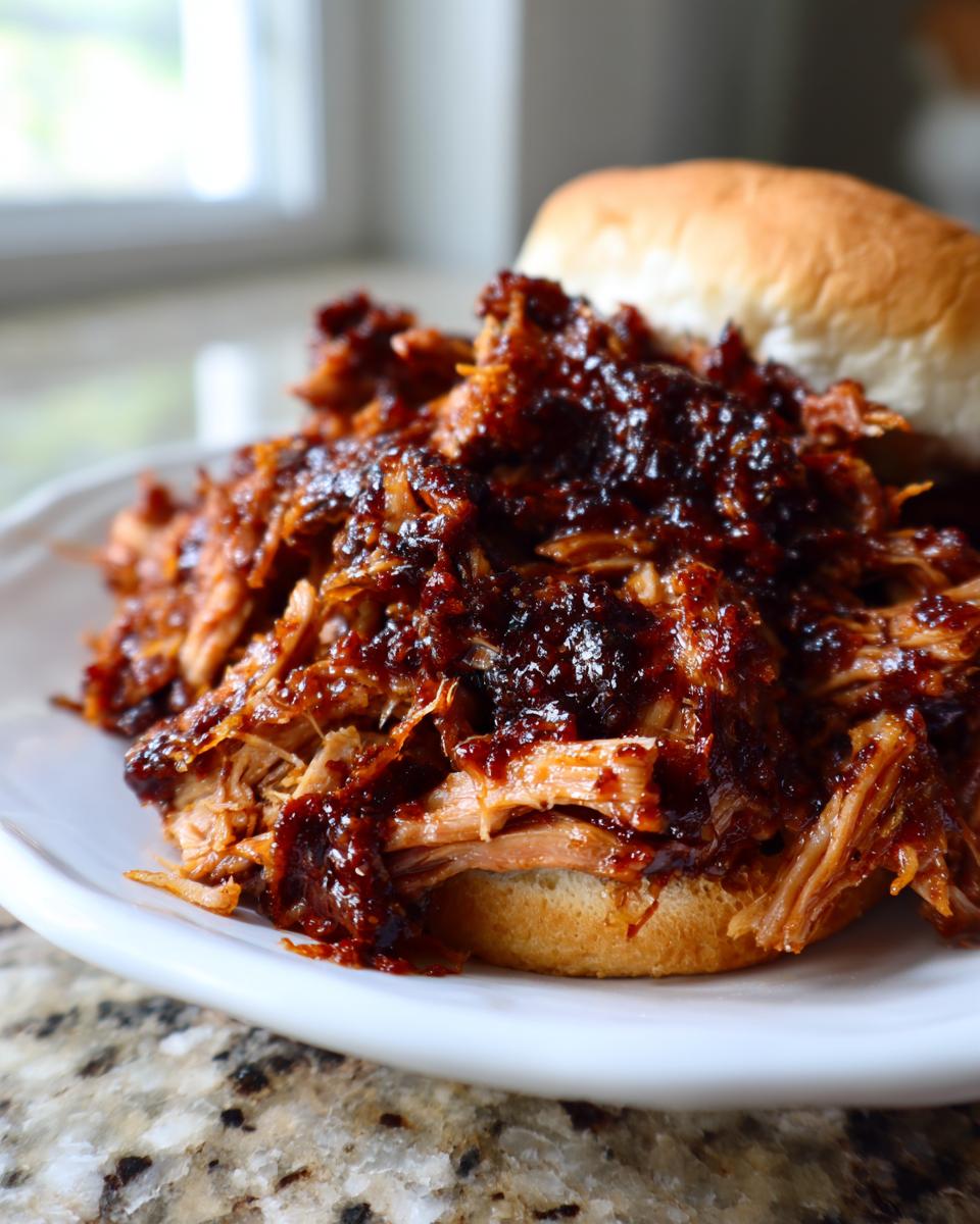 A close-up of a generous serving of saucy Slow Cooker Pulled Pork piled high on a soft bun.