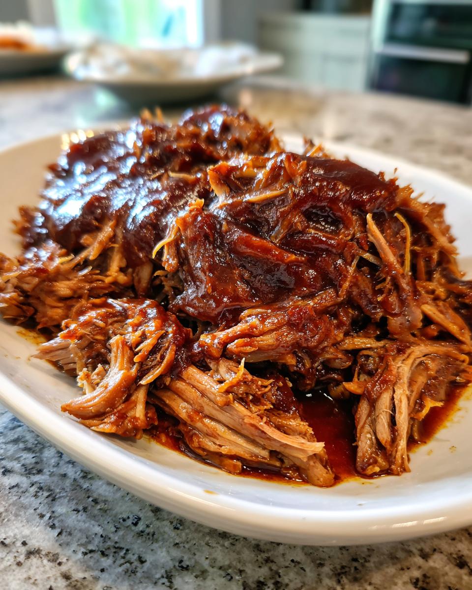Close-up of tender, shredded Slow Cooker Pulled Pork generously coated in rich barbecue sauce, served on a white platter.