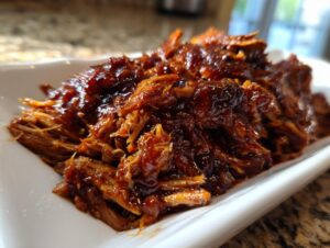 Close-up of tender, shredded Slow Cooker Pulled Pork coated in rich, dark barbecue sauce served on a white platter.