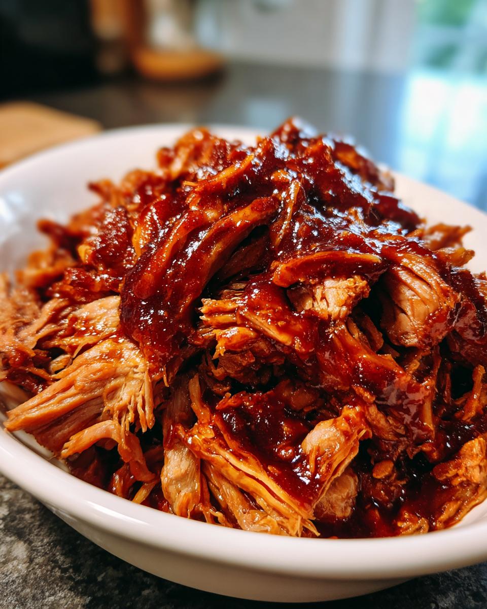Close-up of tender, shredded Slow Cooker Pulled Pork generously coated in rich barbecue sauce, served in a white bowl.