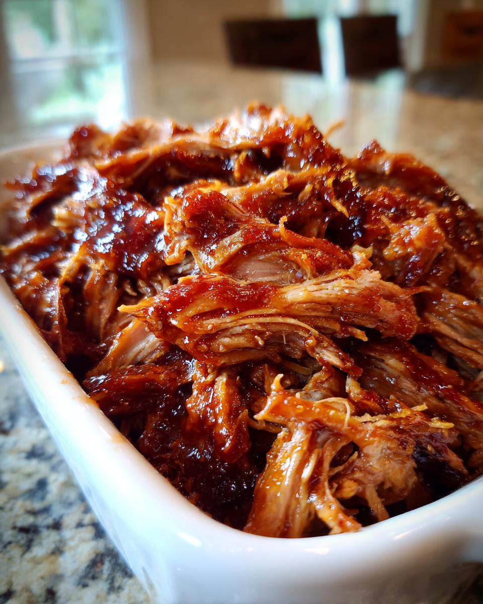 Close-up of tender, shredded Slow Cooker Pulled Pork coated in a rich, glossy barbecue sauce, served in a white dish.