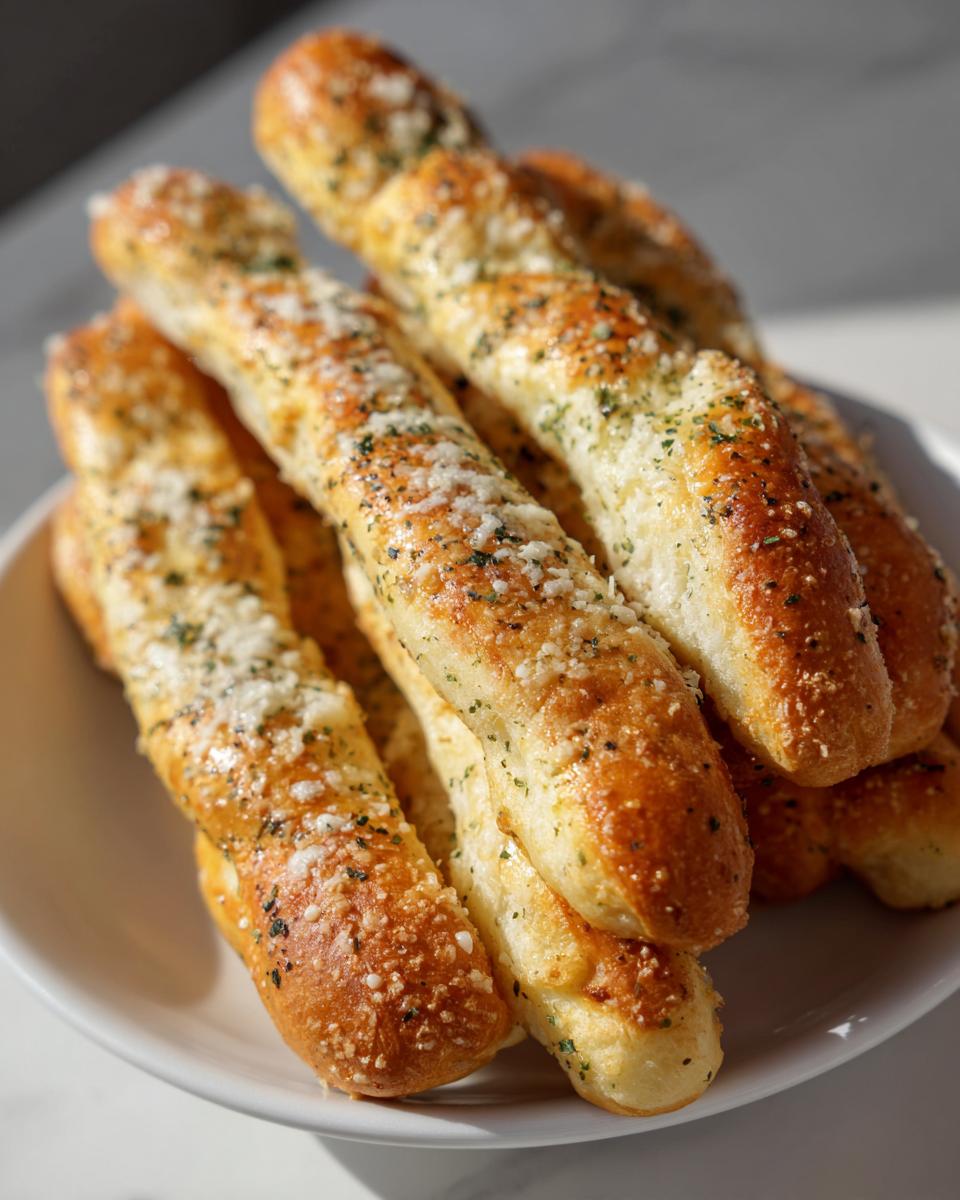 A close-up of several golden brown, soft breadsticks piled on a white plate, sprinkled with Parmesan cheese and herbs.