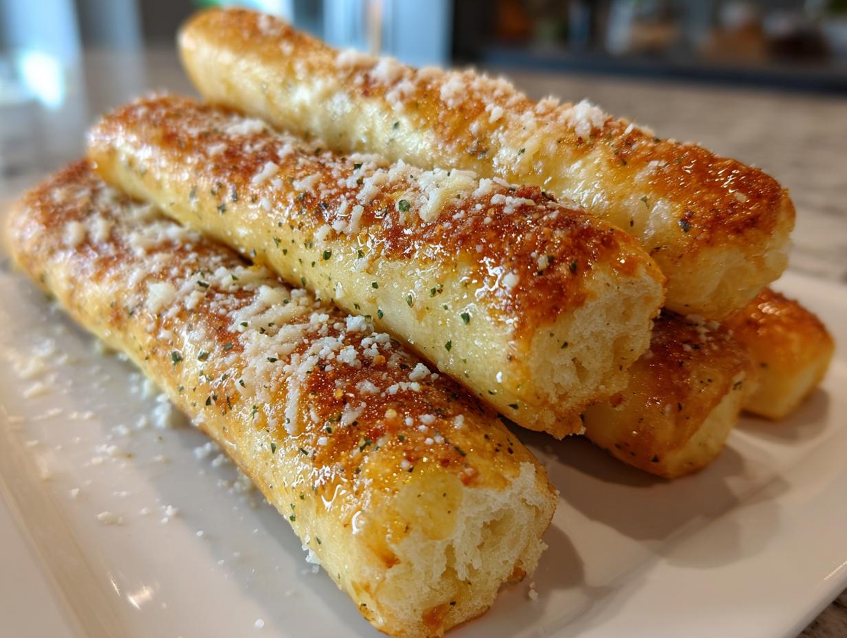 A stack of freshly baked, soft breadsticks glistening with butter and topped with grated Parmesan cheese and herbs.