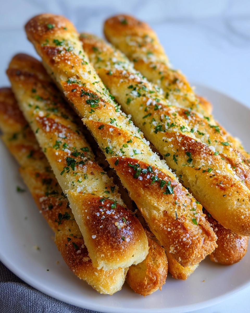 A close-up of several golden brown, soft breadsticks piled on a white plate, sprinkled with Parmesan cheese and fresh parsley.