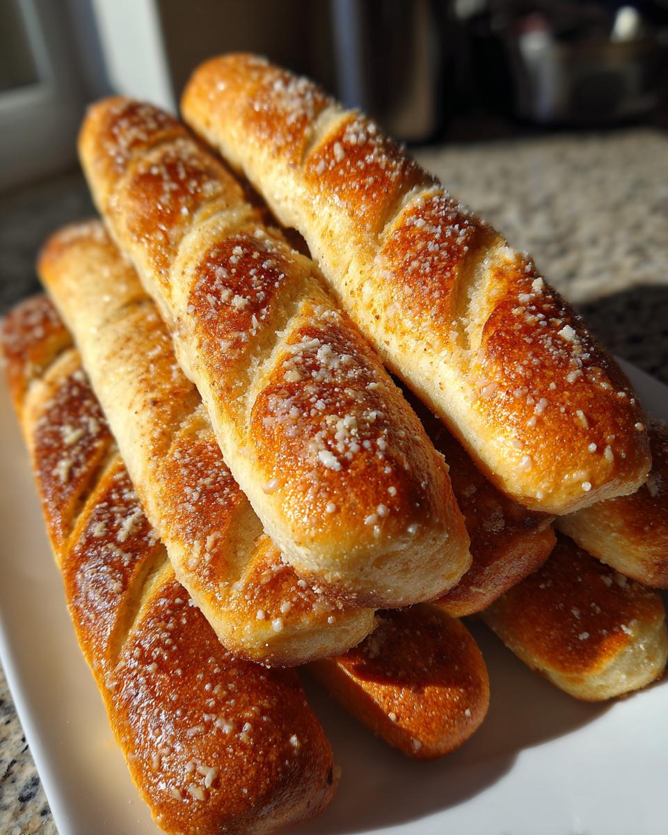 A close-up of several golden brown, soft breadsticks stacked on a white plate, sprinkled with garlic and Parmesan.