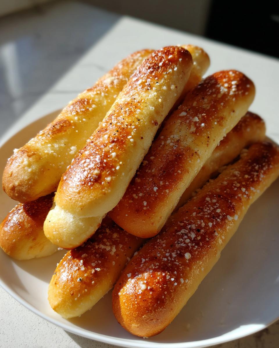 A stack of freshly baked, soft breadsticks sprinkled with grated Parmesan cheese and herbs on a white plate.