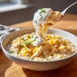 A spoonful of creamy crockpot white chicken chili topped with sour cream and cheese being lifted from a bowl.