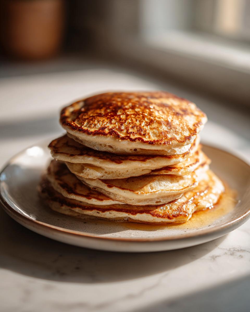 A tall stack of golden brown greek yogurt pancakes sitting on a small plate with syrup pooling at the bottom.