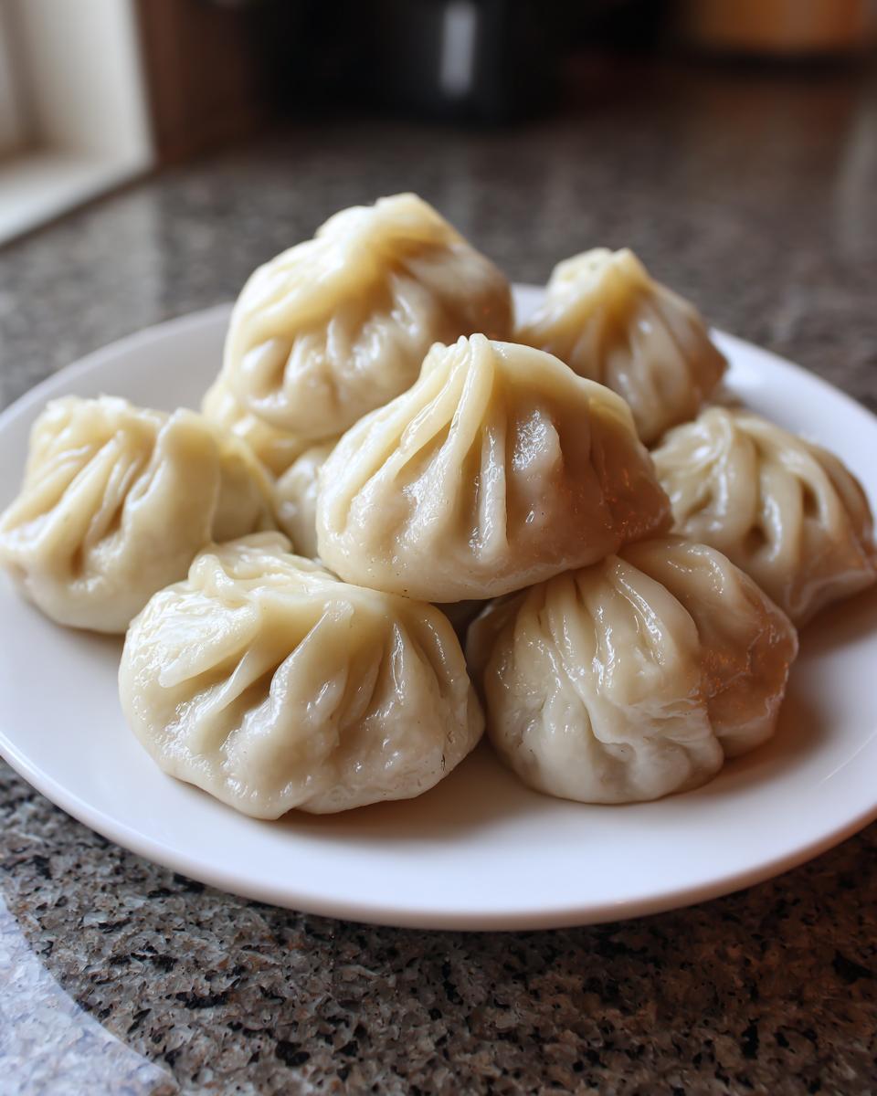 Close-up of several freshly steamed Traditional Chinese Dumplings piled on a white plate.