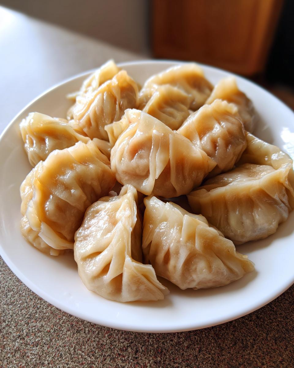 A white plate filled with freshly steamed Traditional Chinese Dumplings, showing their pleated wrappers.