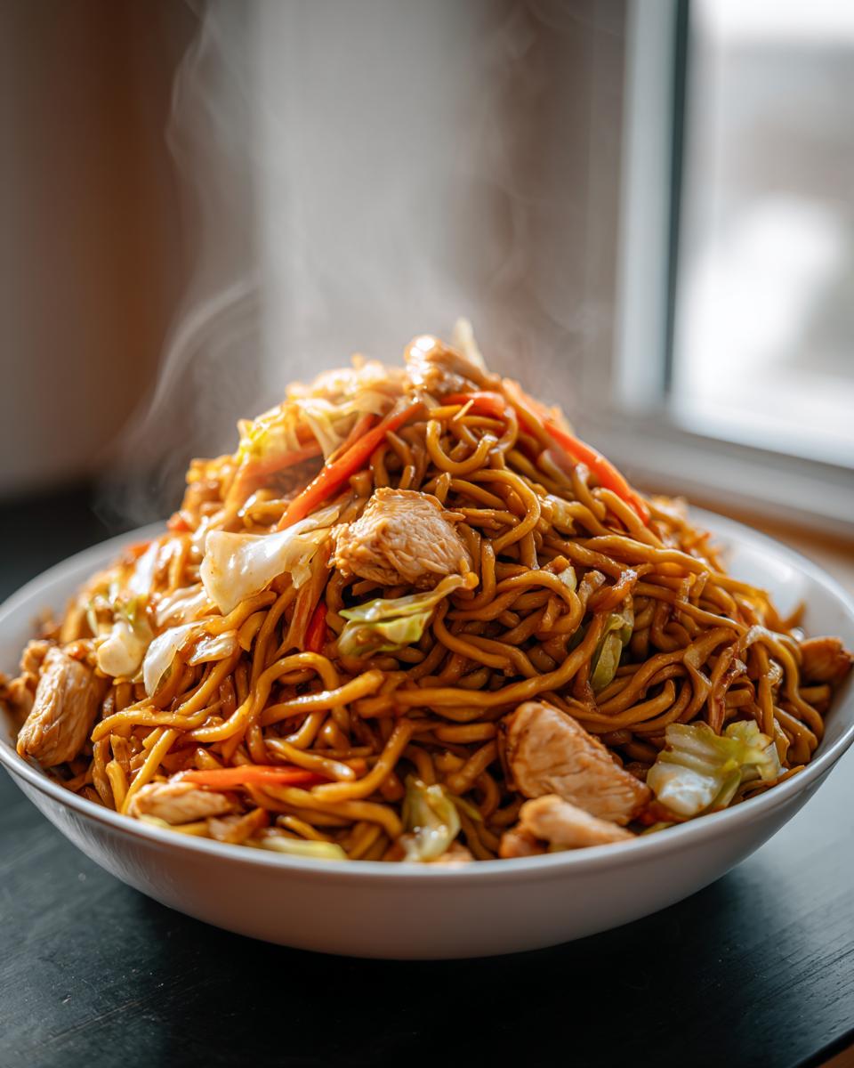 A large bowl overflowing with steaming hot chicken chow mein recipe, featuring noodles, chicken pieces, cabbage, and carrots.