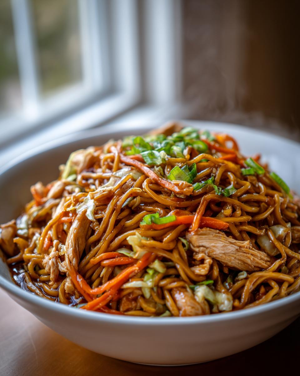 Close-up of a steaming bowl filled with freshly made chicken chow mein recipe, topped with green onions.