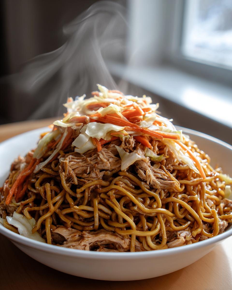 A tall serving of steaming chicken chow mein recipe noodles topped with shredded carrots and cabbage.