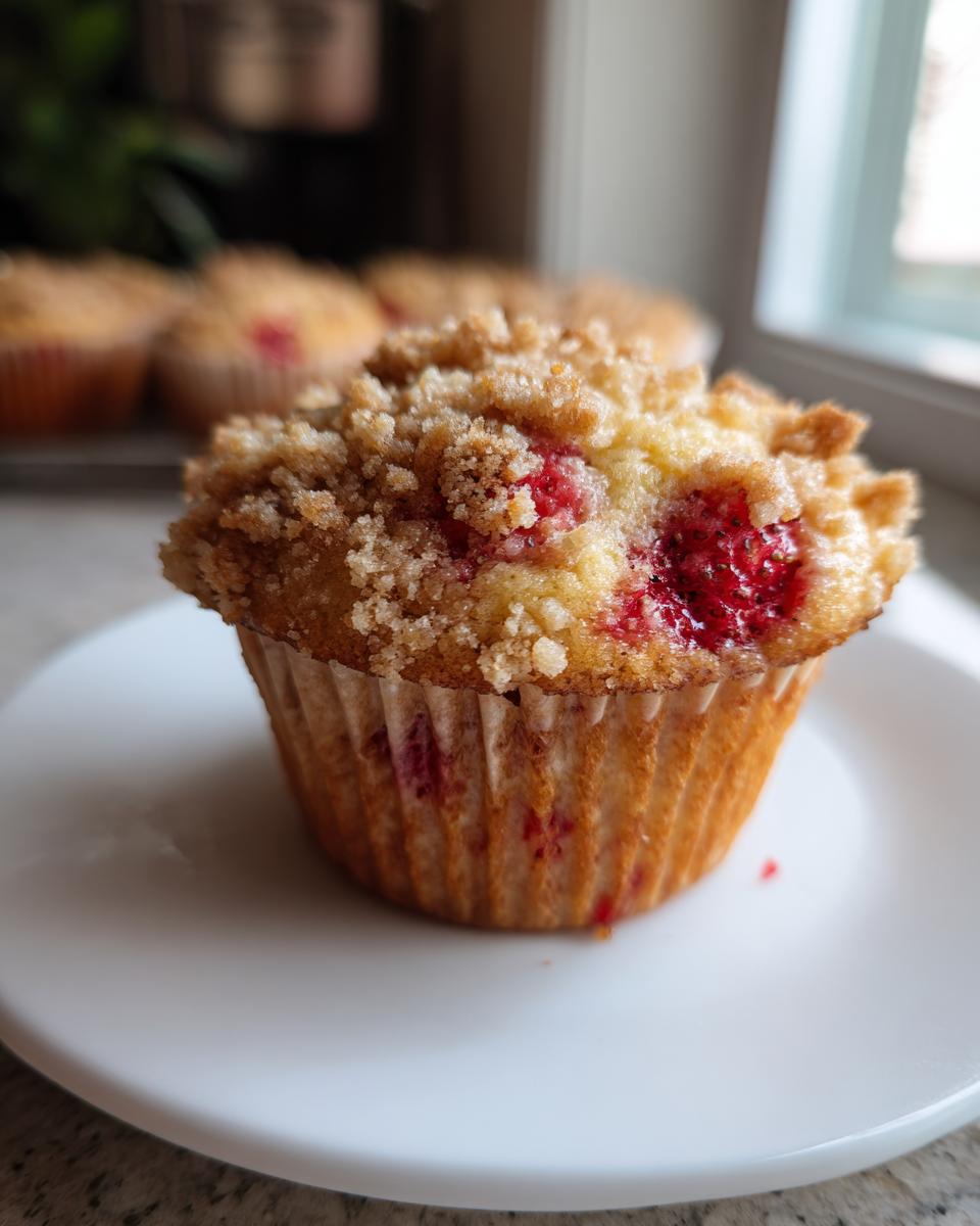 A close-up of a freshly baked strawberry muffin with a golden crumb topping, sitting on a white plate.