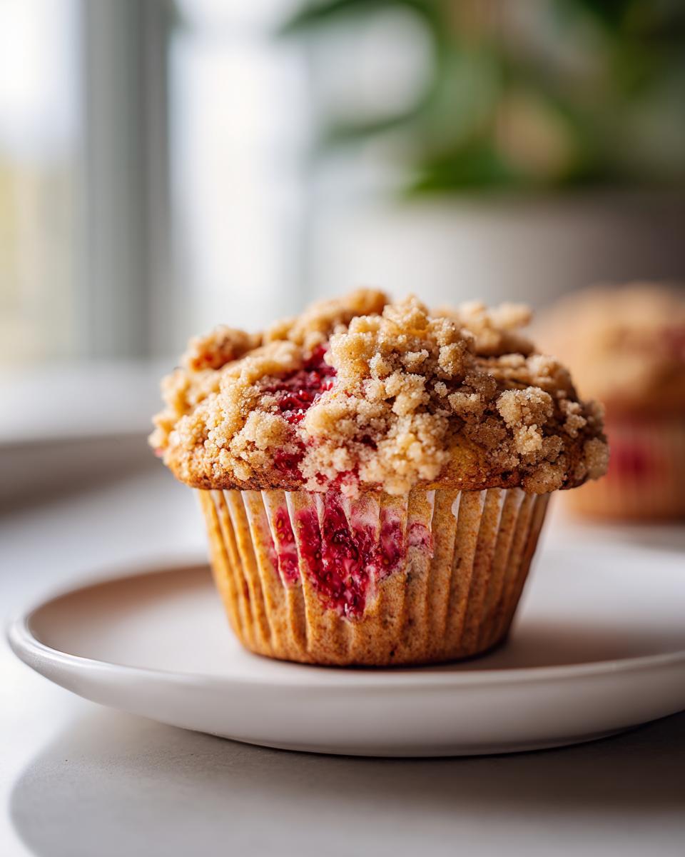 A single, freshly baked strawberry muffin with a thick, sugary crumb topping, resting on a white plate.