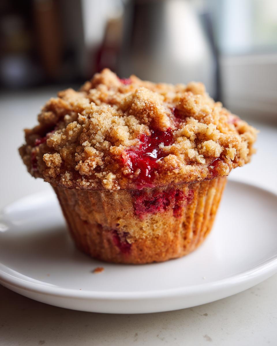 A close-up of a freshly baked strawberry muffins topped with a golden crumb streusel and visible jammy fruit.