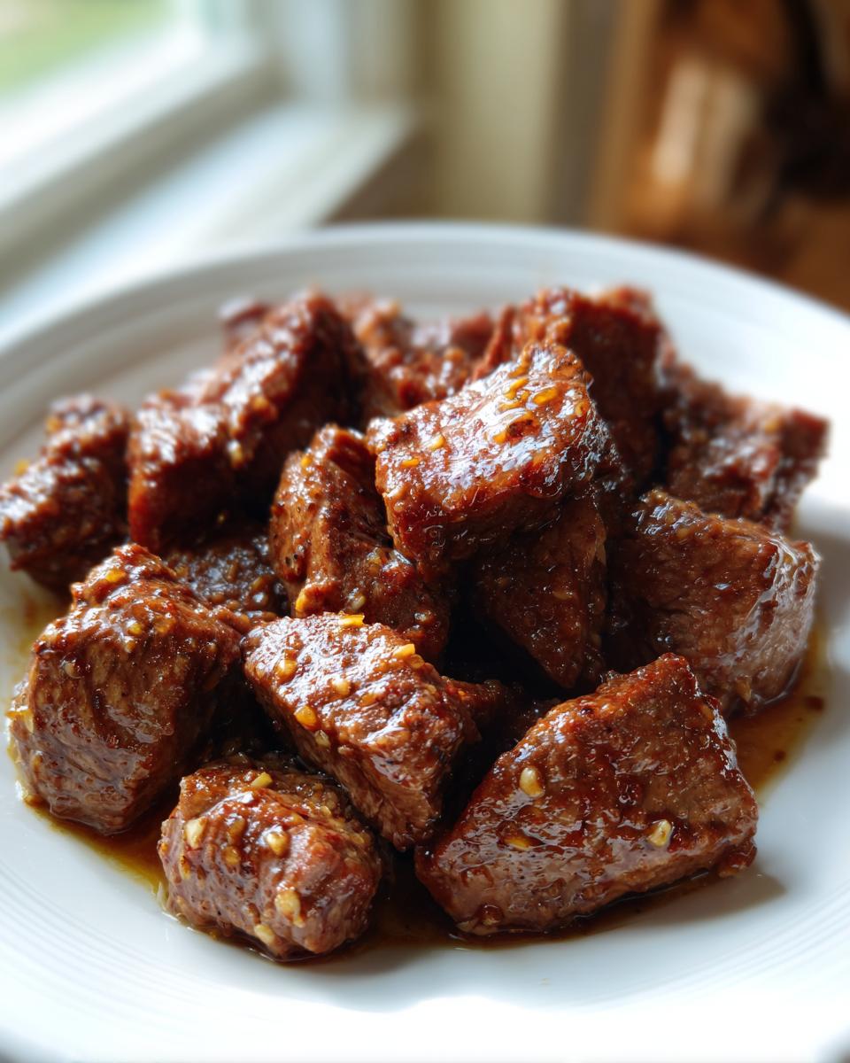 Close-up of tender, cubed crockpot steak coated in a thick, savory brown glaze with visible minced garlic.