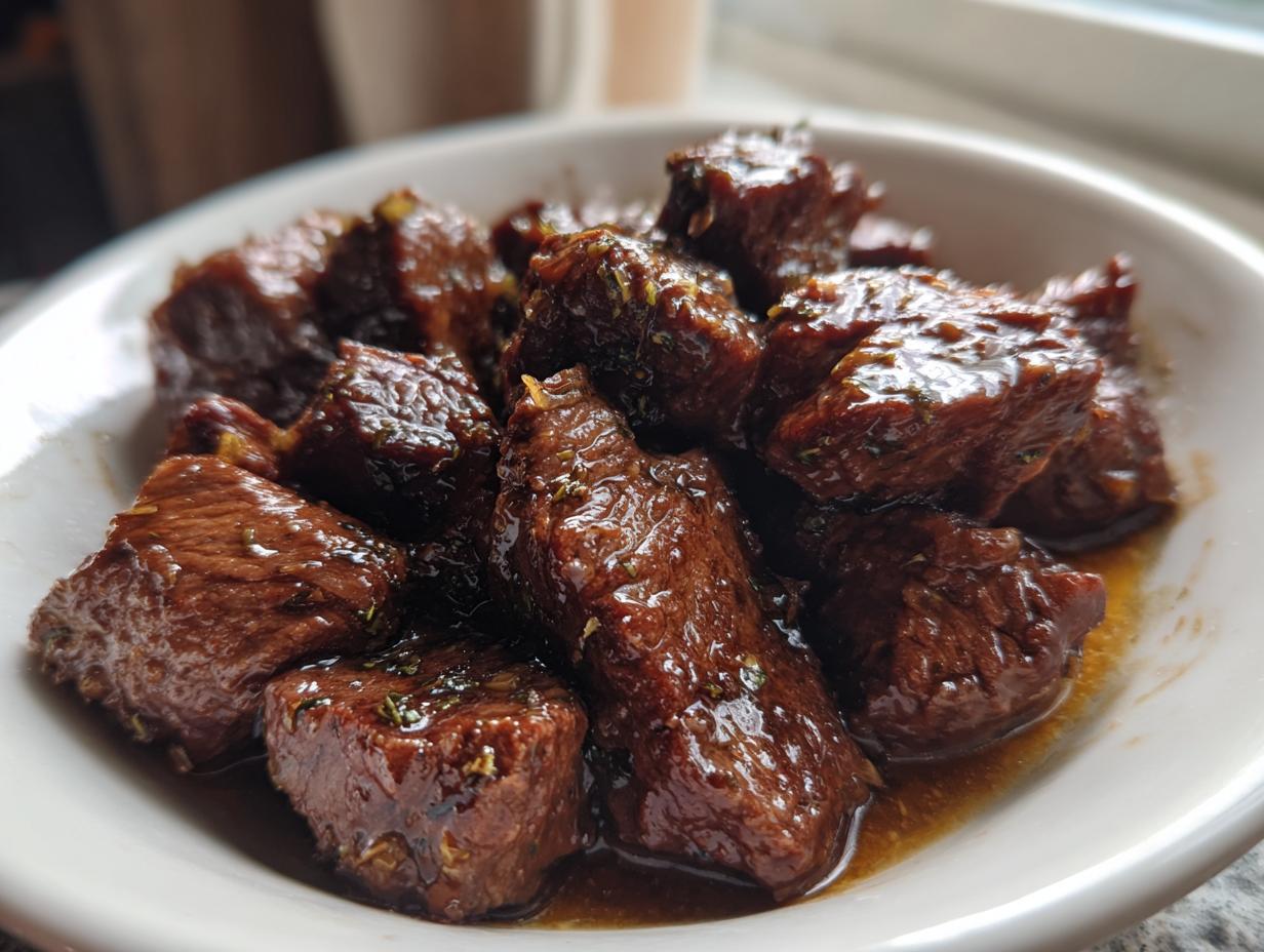 Close-up of tender, cubed crockpot steak pieces coated in a rich, glossy brown sauce with herbs.